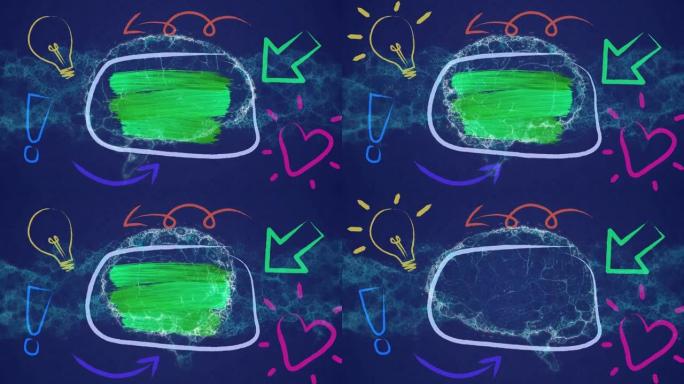 绿色油漆笔触和抽象形状对抗蓝色背景上的人脑旋转
