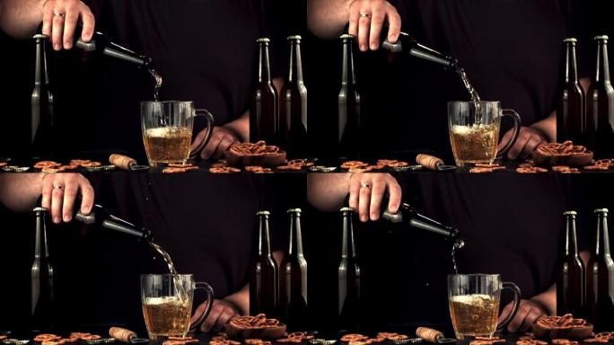 超级慢动作的男人将啤酒从瓶子里倒入玻璃杯中。以1000 fps的高速相机拍摄。