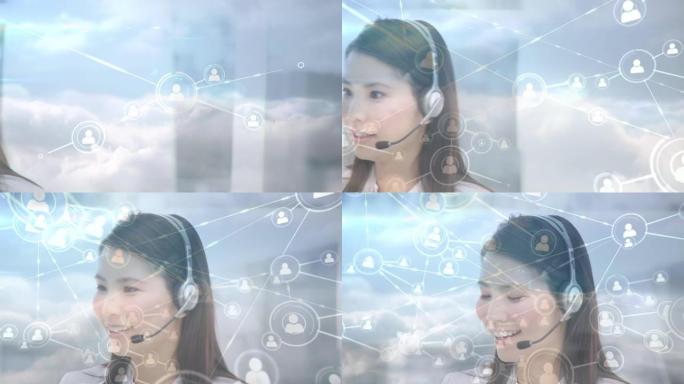 使用电话耳机在女商人上使用图标的连接网络动画