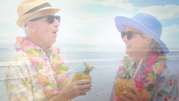 快乐的高级夫妇在海边喝鸡尾酒时发光的动画