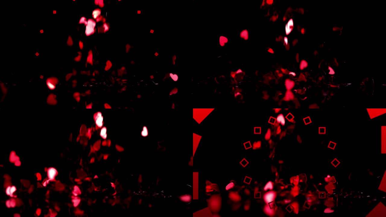 红色万花筒形状和红色心脏落在黑色背景上的动画