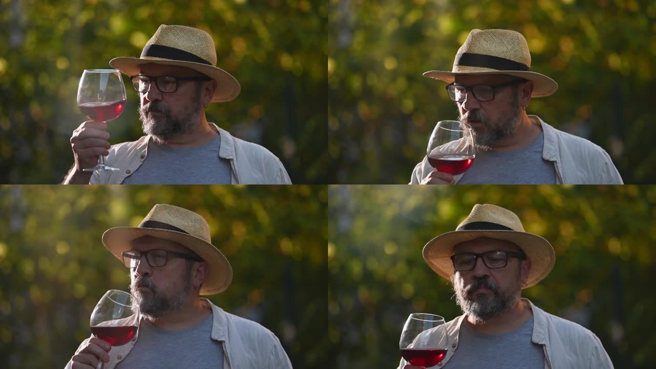 一个成熟的人在葡萄园外面品尝葡萄酒的镜头。