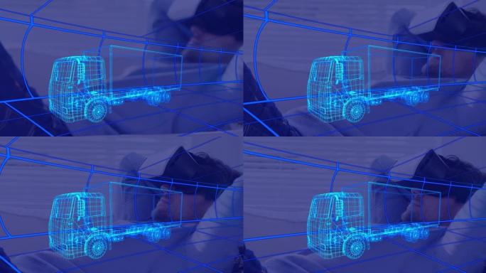 卡车3d技术图动画，在家中戴着vr耳机的人