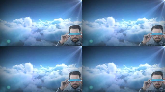 白人男子戴着vr护目镜，面对蓝天中的云层