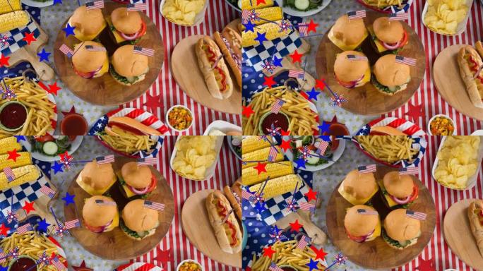 桌子上有不同食物的星星和美国国旗的动画
