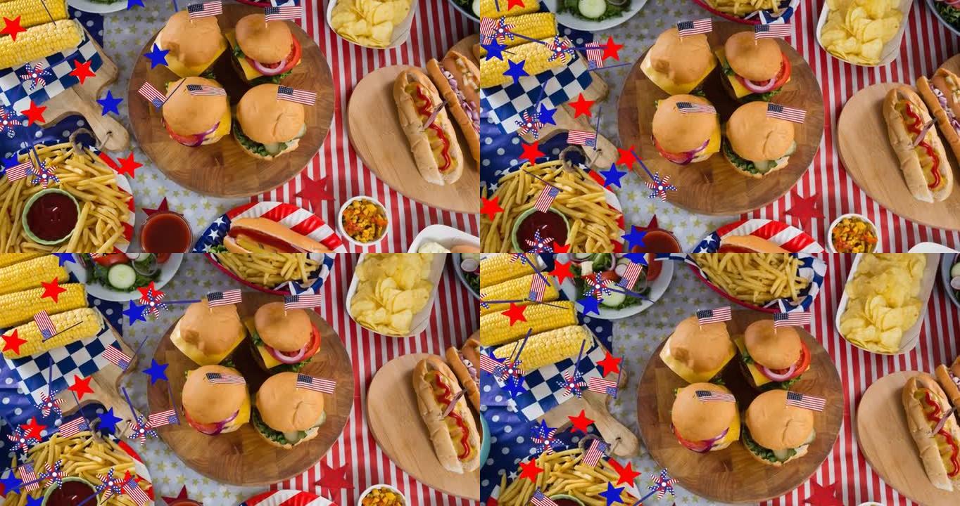 桌子上有不同食物的星星和美国国旗的动画