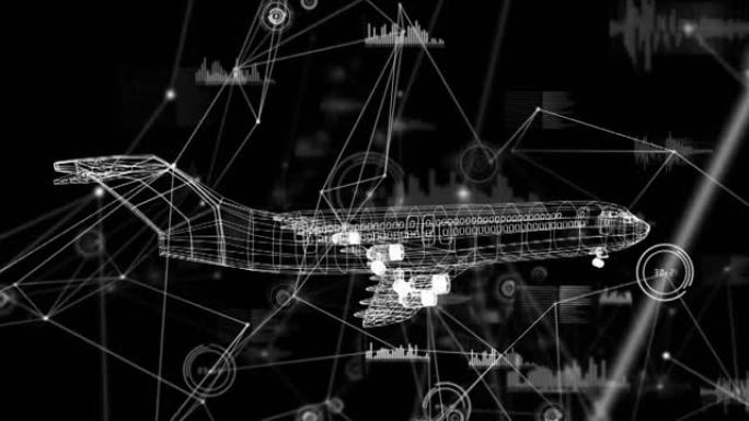 黑色背景上的3d飞机模型旋转的数字动画
