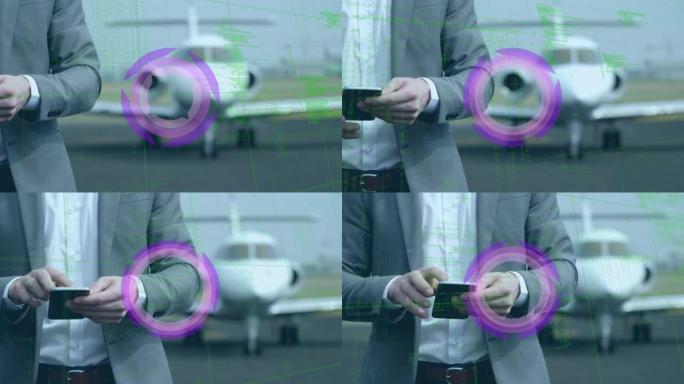 旋转紫色形状和数据的动画，在飞机旁使用智能手机的商人上方