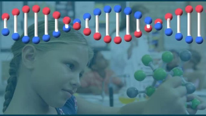 在持有分子模型的女学生上旋转dna链的动画