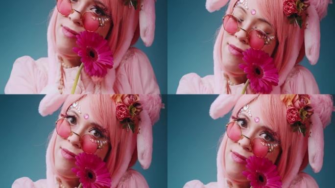 特写粉红色可爱的糖果动漫女孩戴着粉色太阳镜拥抱一朵花，在蓝色背景上做情感上的鬼脸。美丽的亚洲角色扮演