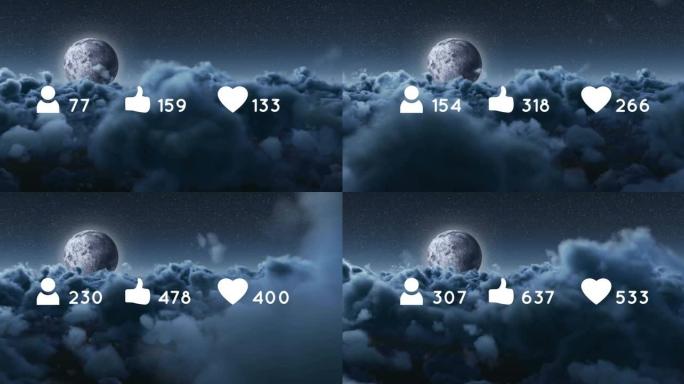 在灰色背景下的乌云和月亮上，越来越多的社交媒体图标