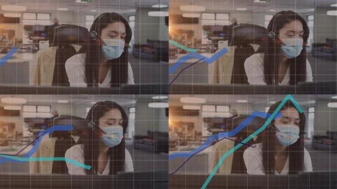 办公室戴口罩的女人身上有蓝线的数据处理动画