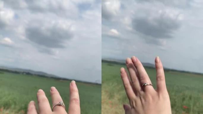田野背景上有订婚戒指的女人的手。