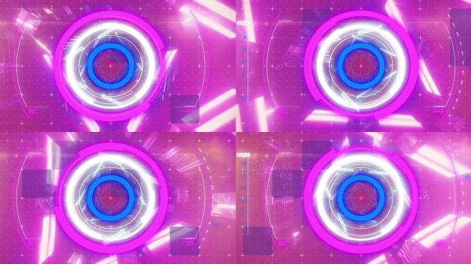 在粉红色和蓝色霓虹灯隧道背景上扫描范围的动画