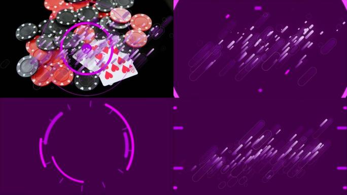 黑色上的粉红色圆圈和光迹在扑克牌和扑克筹码上移动的动画