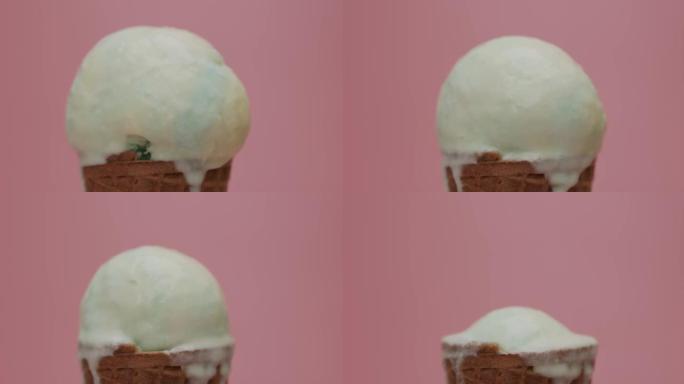 粉色背景的华夫饼蛋卷冰淇淋彩虹。