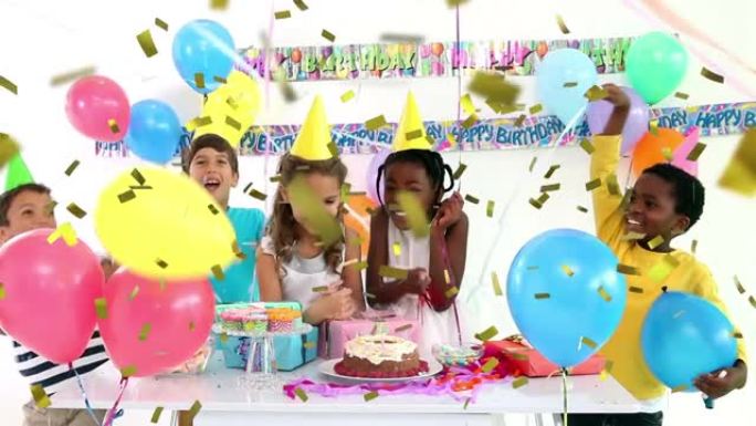 五彩纸屑掉落在生日蛋糕上的动画和孩子们在聚会上的乐趣