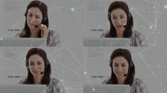 使用电话耳机通过女商人连接网络的动画