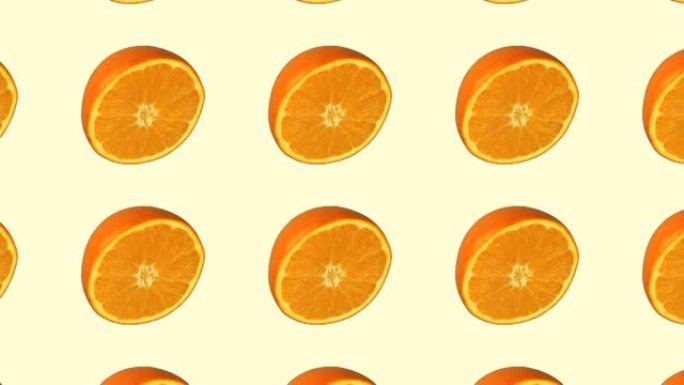 图案拼贴动画背景，彩色背景上的新鲜橙色水果
