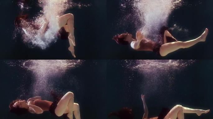 穿着泳衣和黑色裙子的女人在水中游泳，挥舞着胳膊和腿