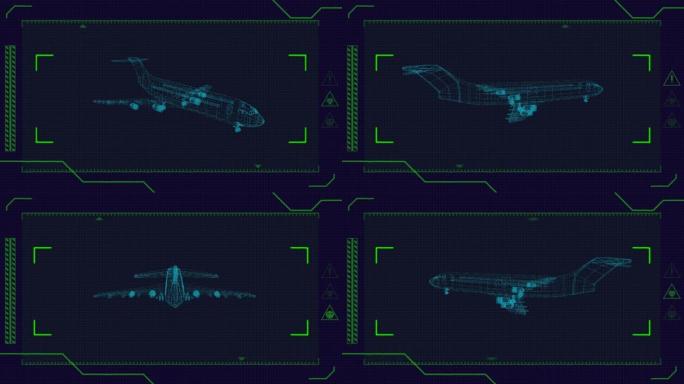 具有示波器扫描和数据处理的3d飞机绘图动画