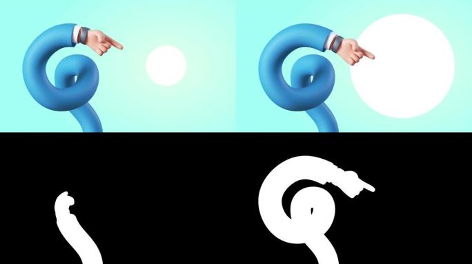 3d动画，有趣的卡通人物螺旋手指指带空白圆形价格标签，最佳报价推荐概念。蓝色背景上孤立的商业概念