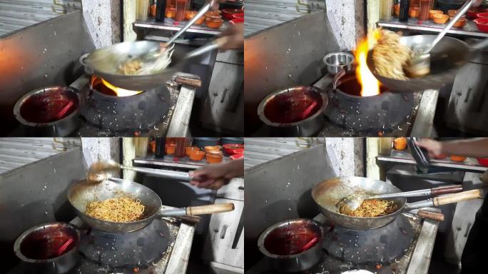 街头美食家正在印度的一个夜间食品市场上煮鸡蛋面条，速煮中国面特写，烹饪自制的速食面汤。快餐面食。选择