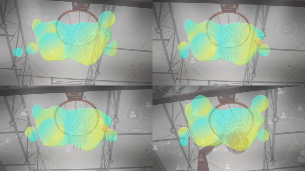 篮球圈上的连接网络和发光斑点的动画