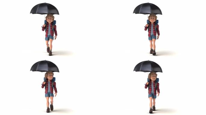 有趣的3D卡通背包客带伞行走