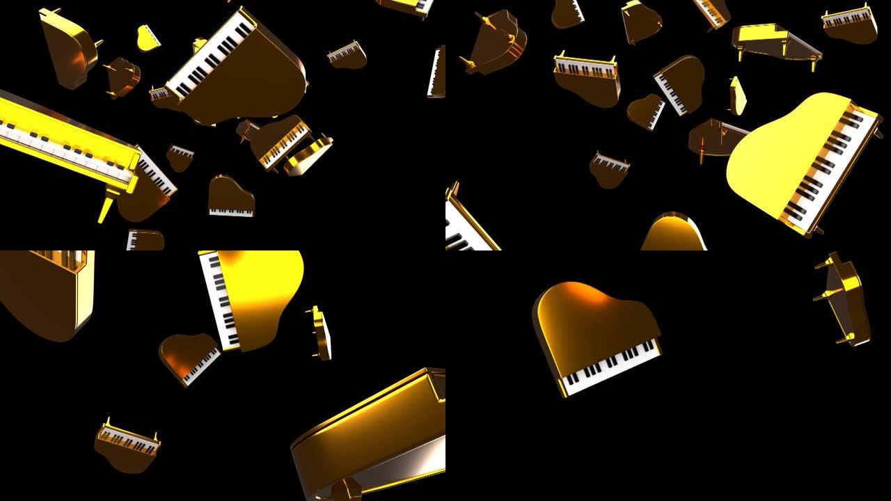 许多黑色背景上的金色钢琴。