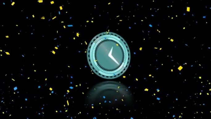 快速移动的手和五彩纸屑落在黑色背景上的时钟动画