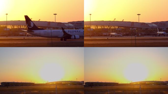 飞机滑过跑道起飞 飞机夕阳下起飞 机场