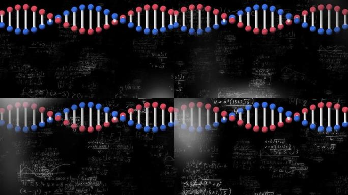 黑色背景上的dna结构根据数学方程旋转的数字动画