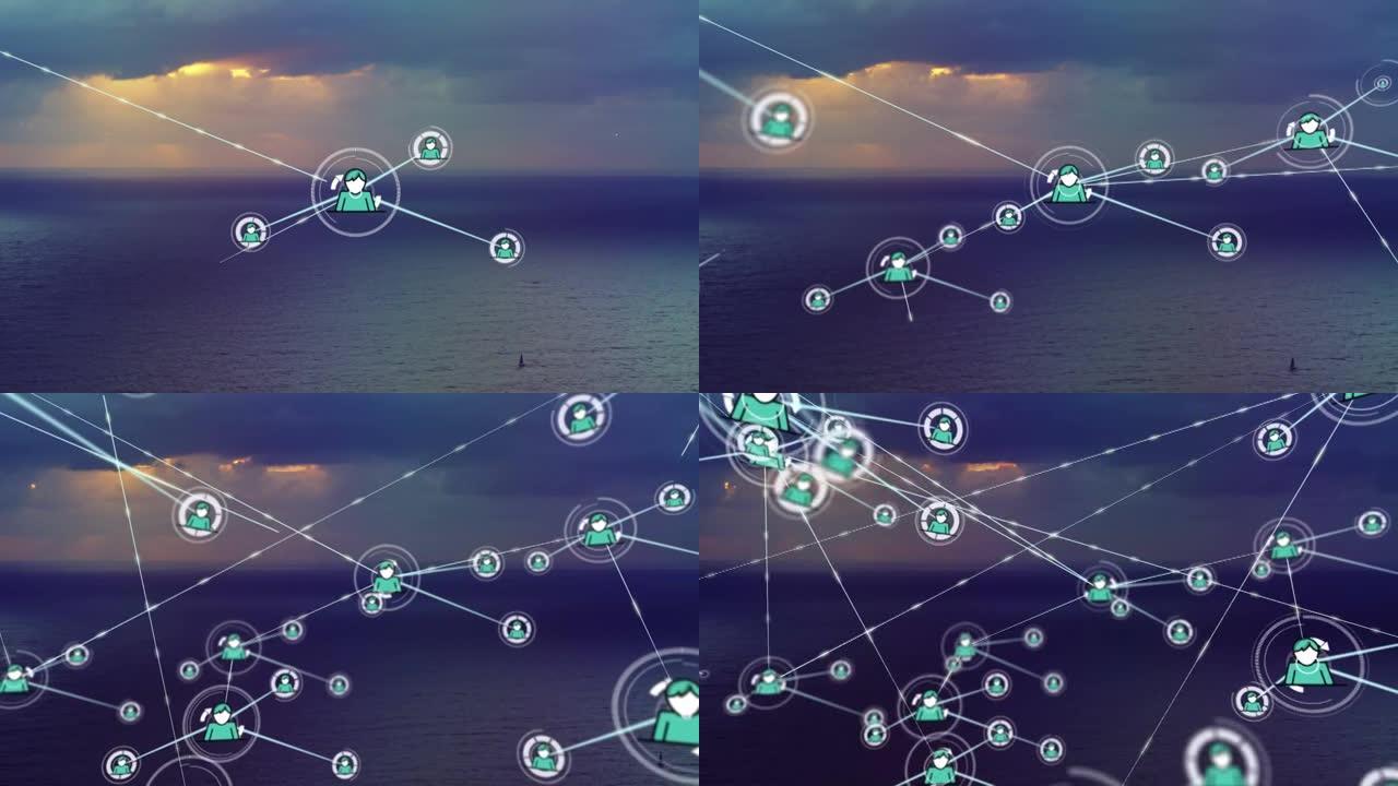 海洋和天空上的图标连接网络动画