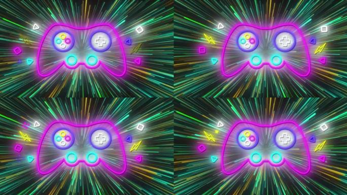 霓虹灯游戏控制板在充满活力的霓虹灯背景上闪烁的动画