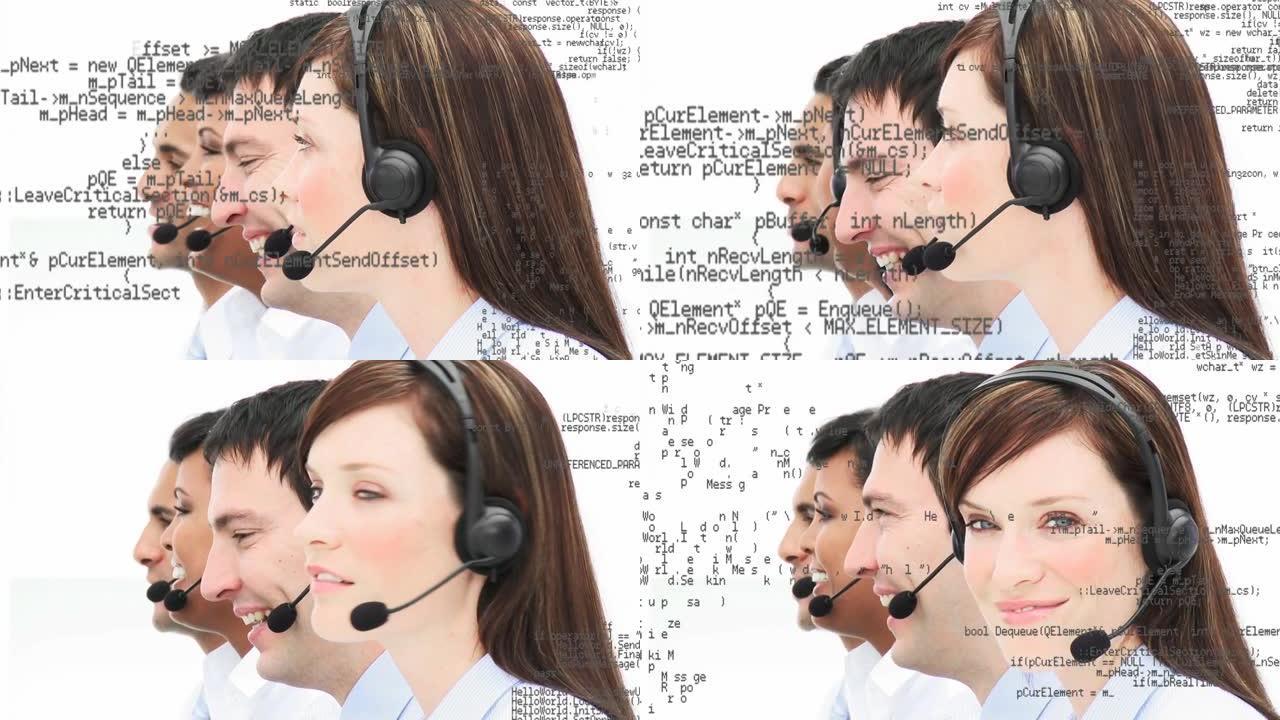 使用电话耳机对商务人员进行数据处理的动画