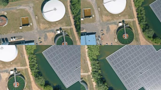 浮式太阳能电池板电池平台系统池塘附近水处理工业污水处理厂的鸟瞰图