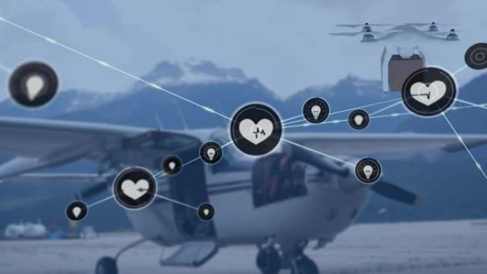 无人机上的连接网络与飞机上的包裹的动画