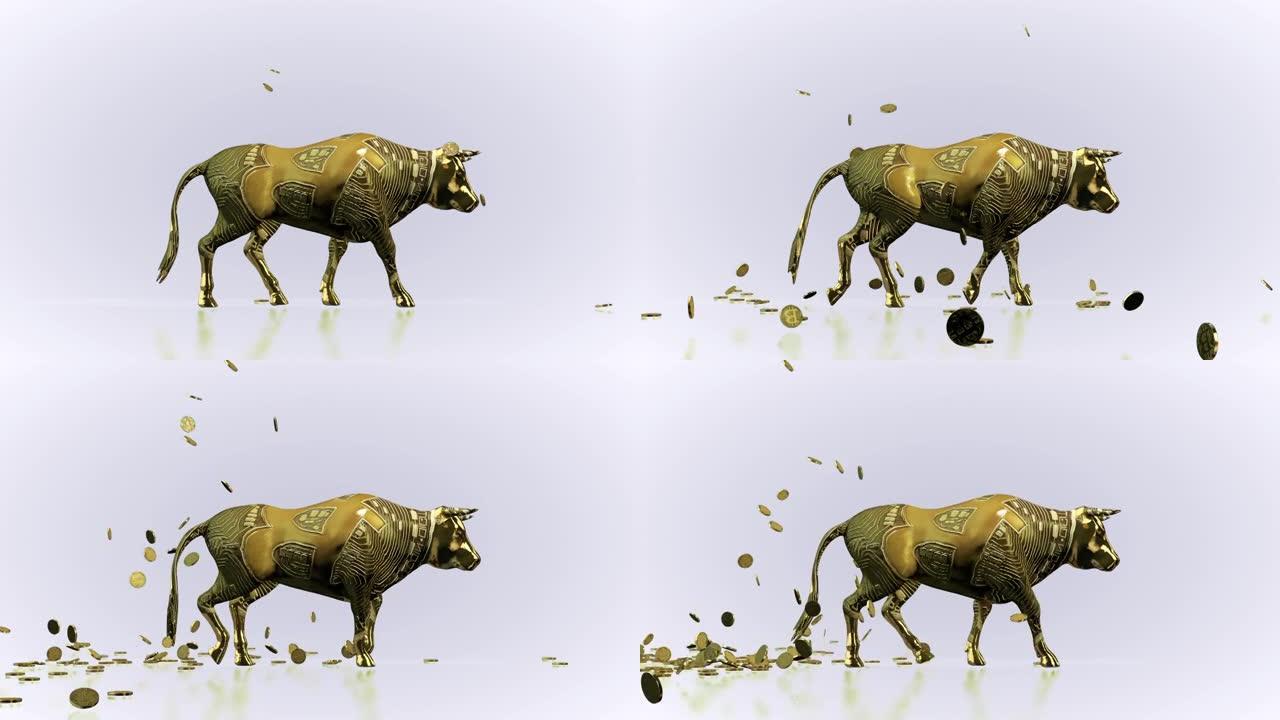 比特币落在象征着Bullrun加密市场的行走公牛上，反对白色