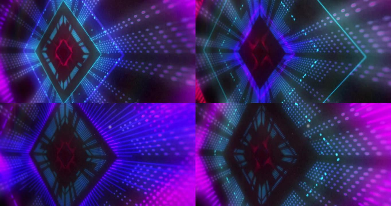 钻石形蓝色和粉红色3d灯光显示在黑色背景上闪烁和移动的动画
