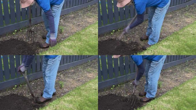 活跃的退休男子在花园里翻土