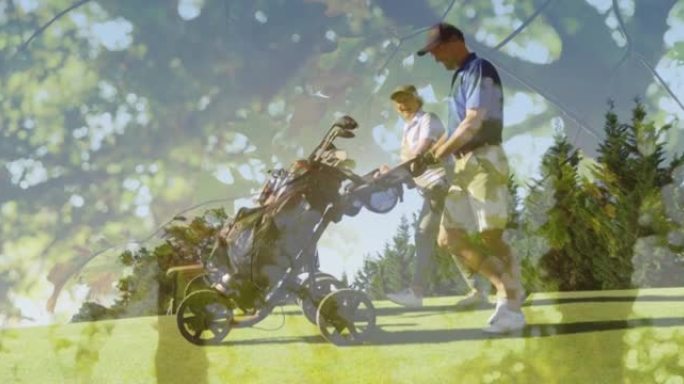 快乐的高级夫妇在高尔夫球场上行走的发光动画