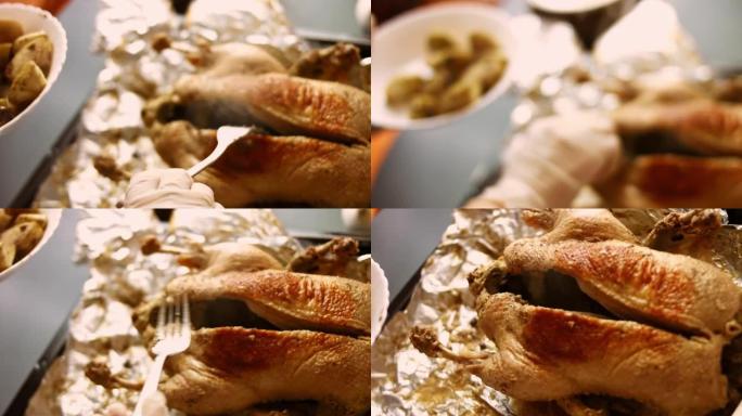 我把鸭子煮成几块。鸭子发出蒸汽，看起来很开胃