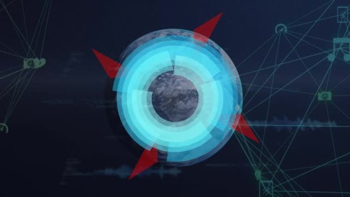 数字图标网络地球仪上的霓虹灯圆形扫描仪在蓝色背景上旋转的地球仪上