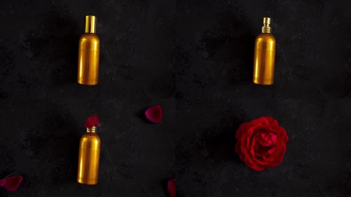 深色背景上带有香水喷雾瓶和天然玫瑰花的定格动画