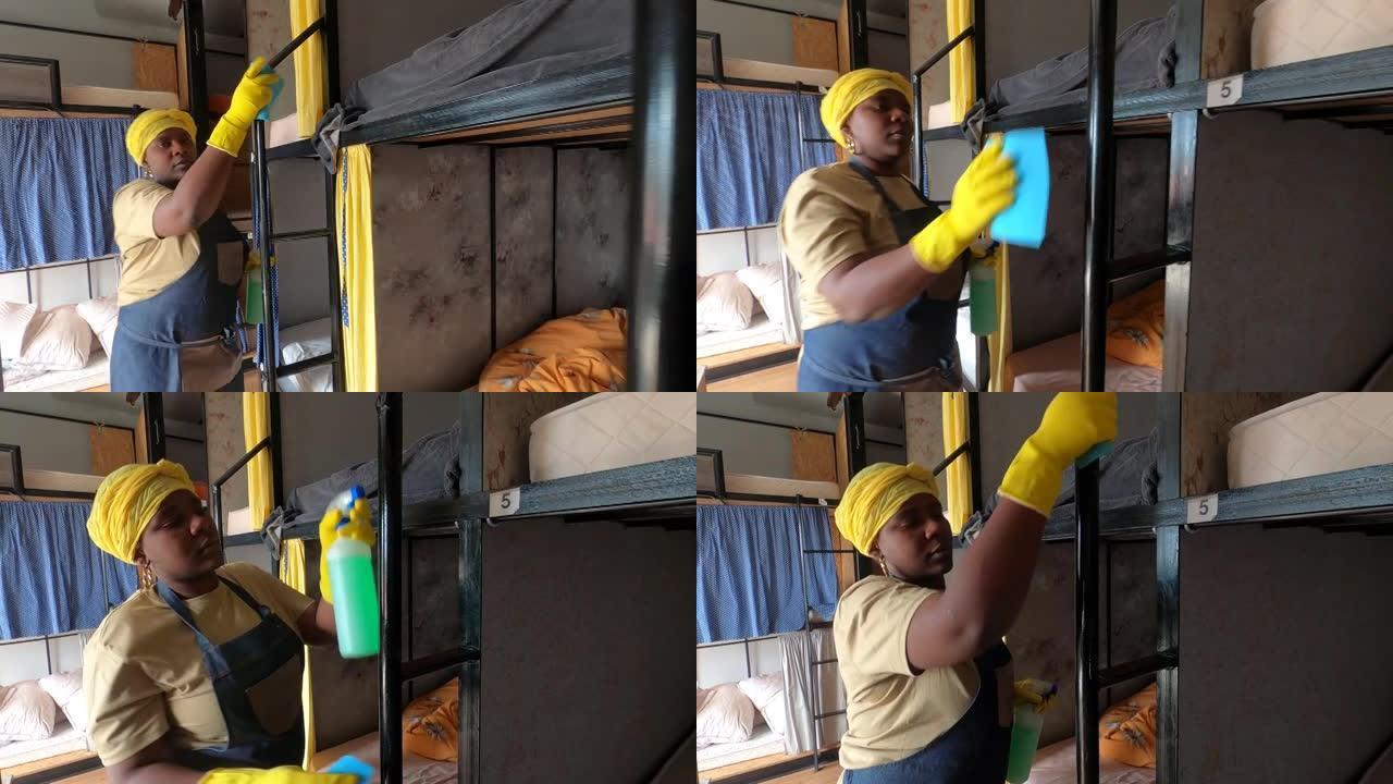 4k视频非洲妇女使用清洁海绵和酒精消毒剂喷雾在宿舍房间清洁