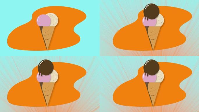 抽象形状的华夫饼蛋卷冰淇淋球。彩色卡通扁平风格，抵御涟漪的阳光。夏季清新概念。