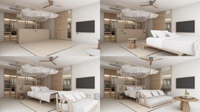 卧室度假村木床和窗帘，配有木制装饰家具和白色瓷砖地板。3d渲染