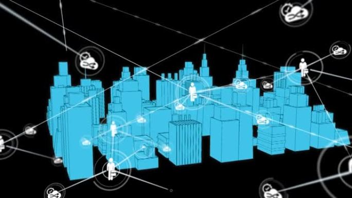 3d城市绘图上带有图标的连接网络动画