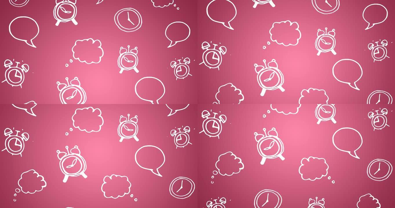 白色轮廓闹钟动画，在粉红色背景上滚动的语音和思想气泡